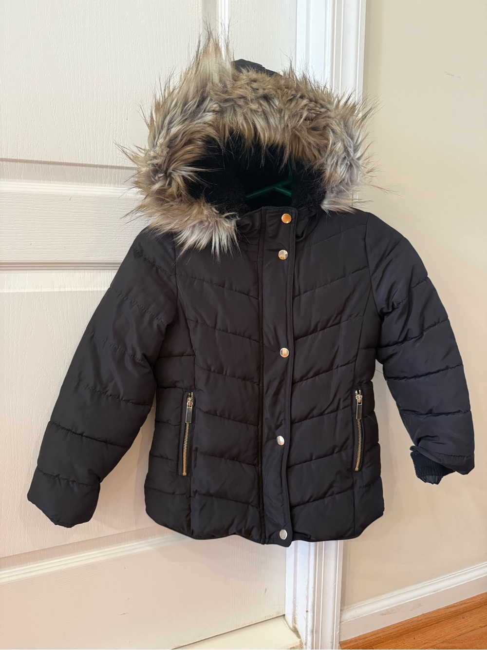 Primark Black Kids Puffer Coat with Faux Fur Trim Hood